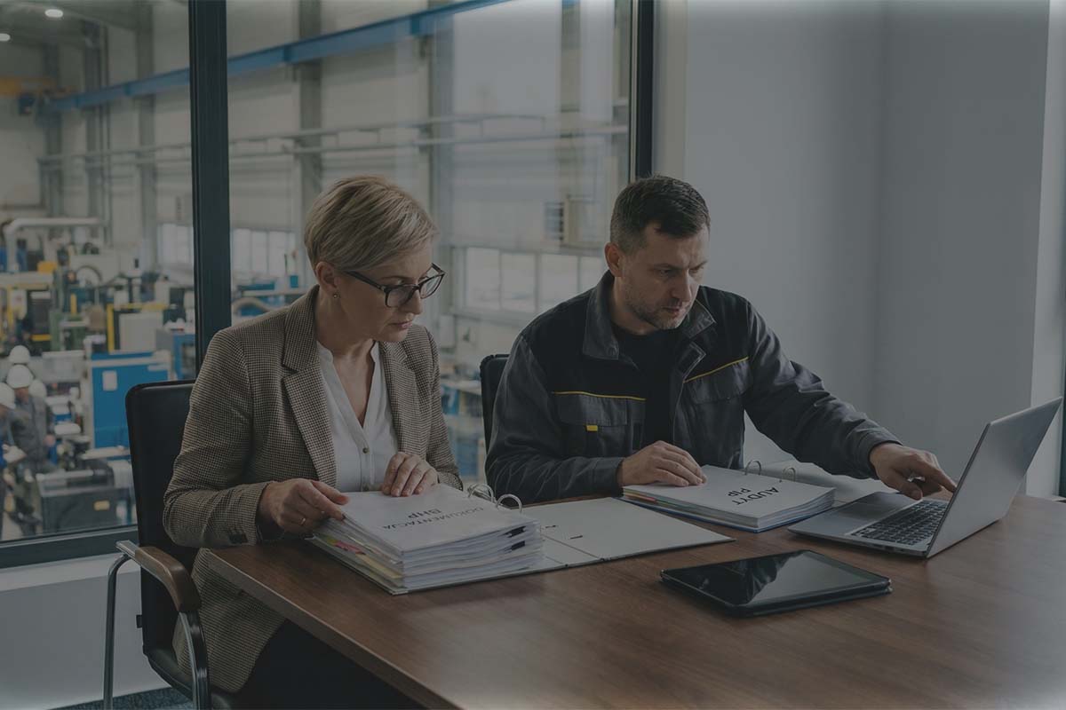 Audytor BHP i kierownik w biurze z widokiem na halę produkcyjną przeglądają segregatory z napisami "DOKUMENTACJA BHP" i "AUDYT PIP" oraz dane na laptopie.