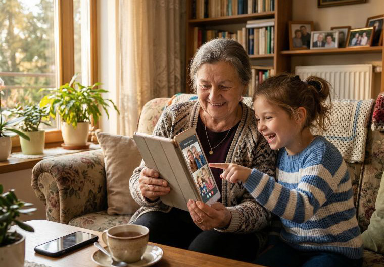 Babcia i wnuczka siedzą na kanapie w przytulnym salonie z regałami książek, oglądając razem tablet.