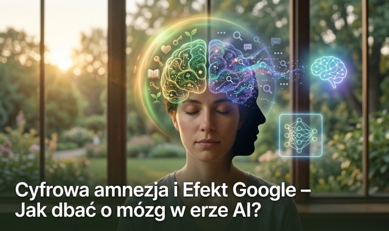 Ilustracja mózgu podzielonego na świecącą naturalną pamięć oraz niebieskie połączenia cyfrowe z wyszukiwarką, reprezentujące efekt Google w erze AI.