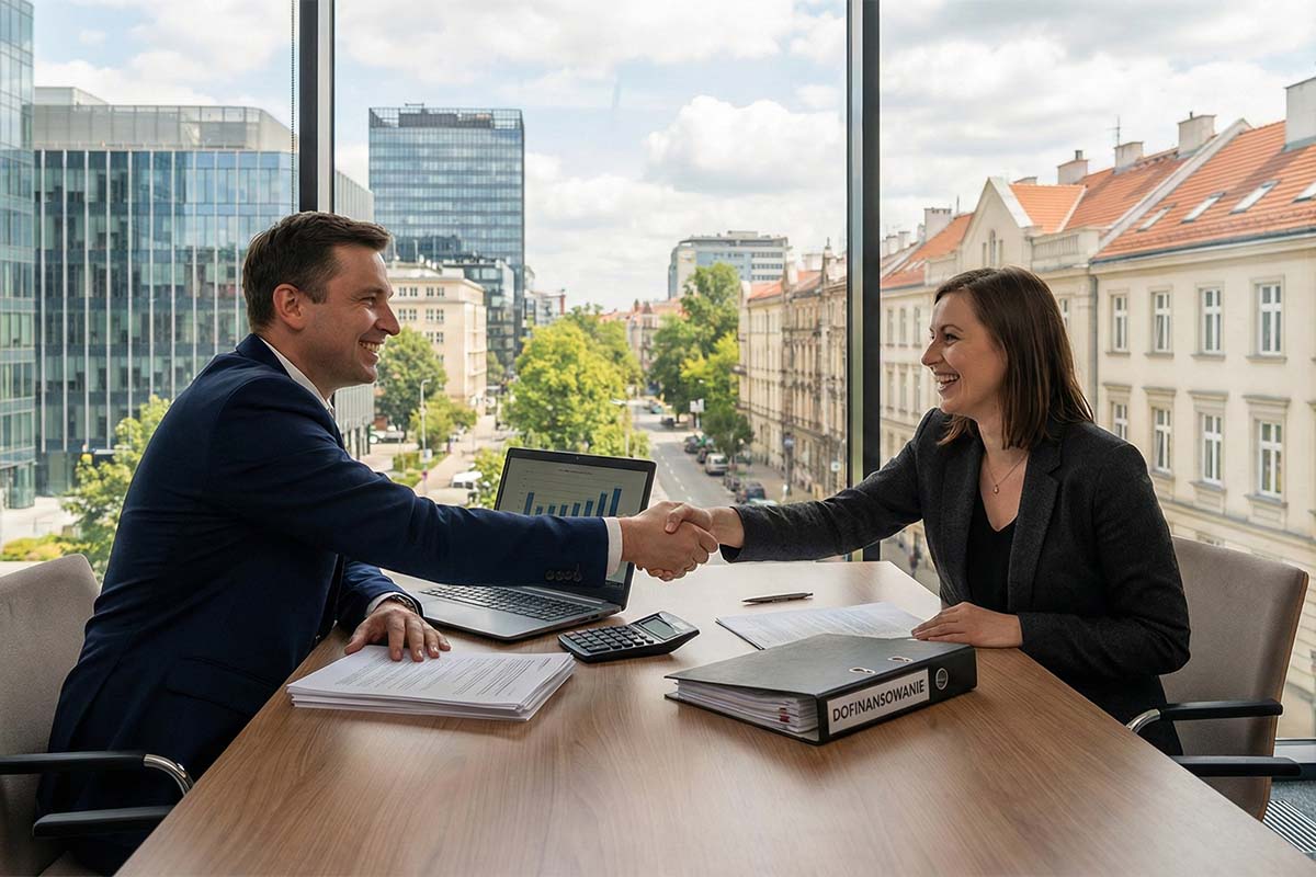 Uśmiechnięci menedżerowie ściskają dłonie w nowoczesnym biurze z widokiem na miasto. Na stole leży segregator z wyraźnym napisem "DOFINANSOWANIE", laptop z wykresami i dokumenty.