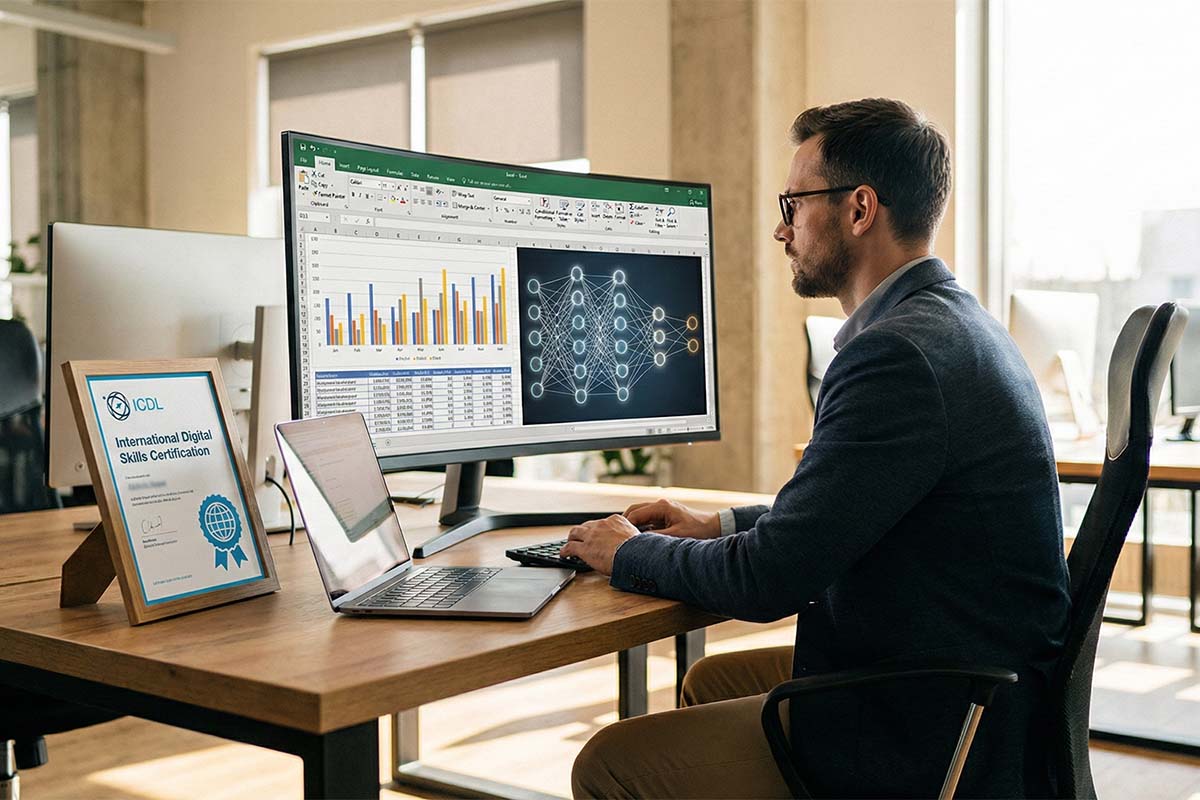 Mężczyzna pracujący w nowoczesnym biurze przy zakrzywionym monitorze wyświetlającym arkusze Excel i wizualizację sztucznej inteligencji. Na biurku obok laptopa stoi oprawiony Międzynarodowy Certyfikat ICDL.