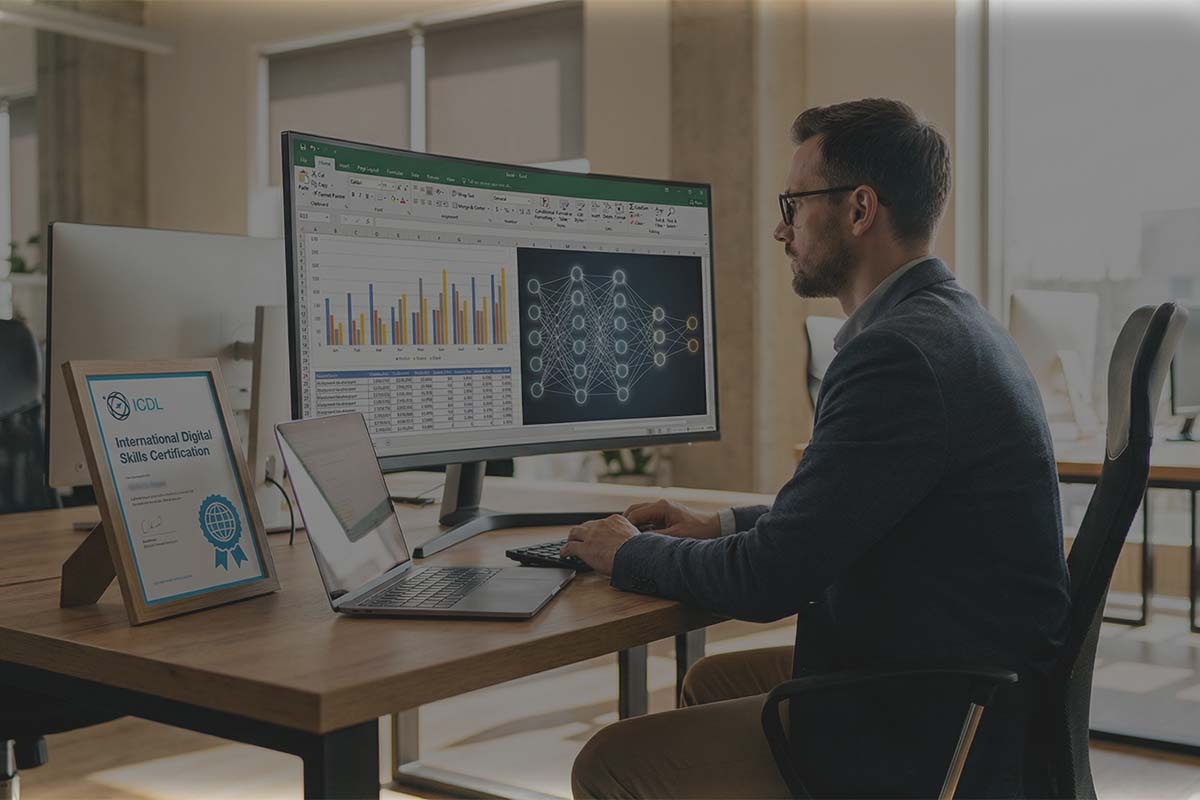 Mężczyzna pracujący w nowoczesnym biurze przy zakrzywionym monitorze wyświetlającym arkusze Excel i wizualizację sztucznej inteligencji. Na biurku obok laptopa stoi oprawiony Międzynarodowy Certyfikat ICDL.