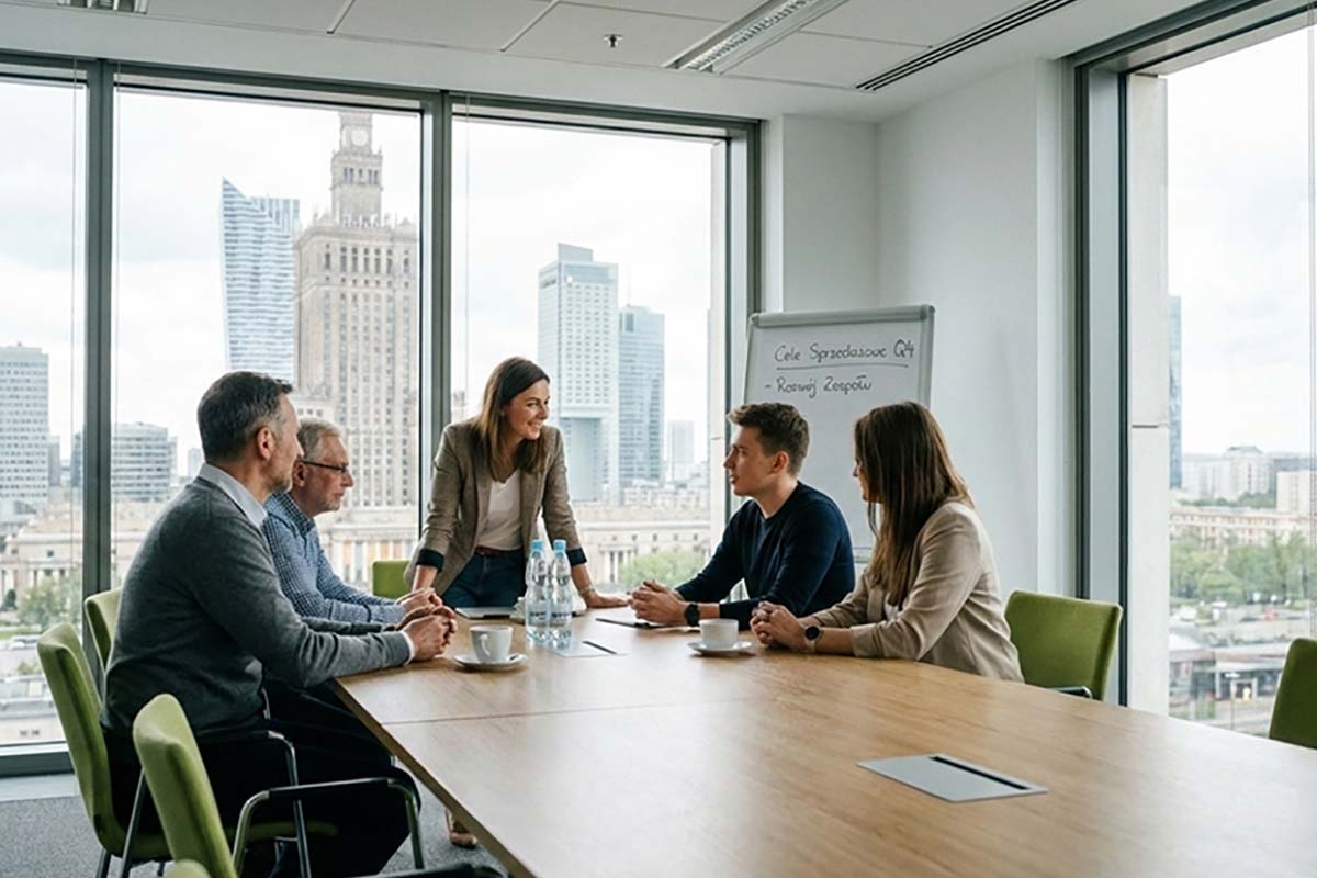 Spotkanie zespołu w nowoczesnym biurze. Liderka prowadzi dyskusję przy flipcharcie, a uczestnicy wymieniają uścisk dłoni na znak porozumienia.