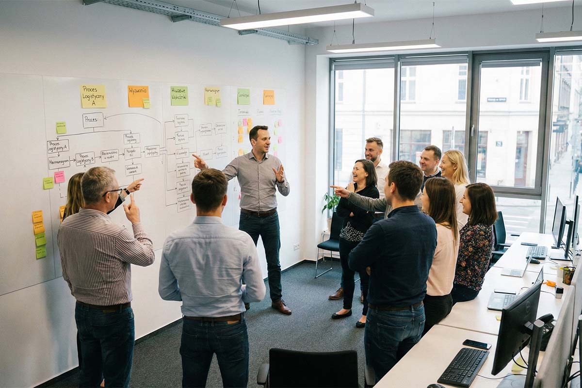 Szeroki kadr nowoczesnego biura: zespół pracowników przy tablicy z mapą procesów i napisem Wyzwania, trener facylituje dyskusję.