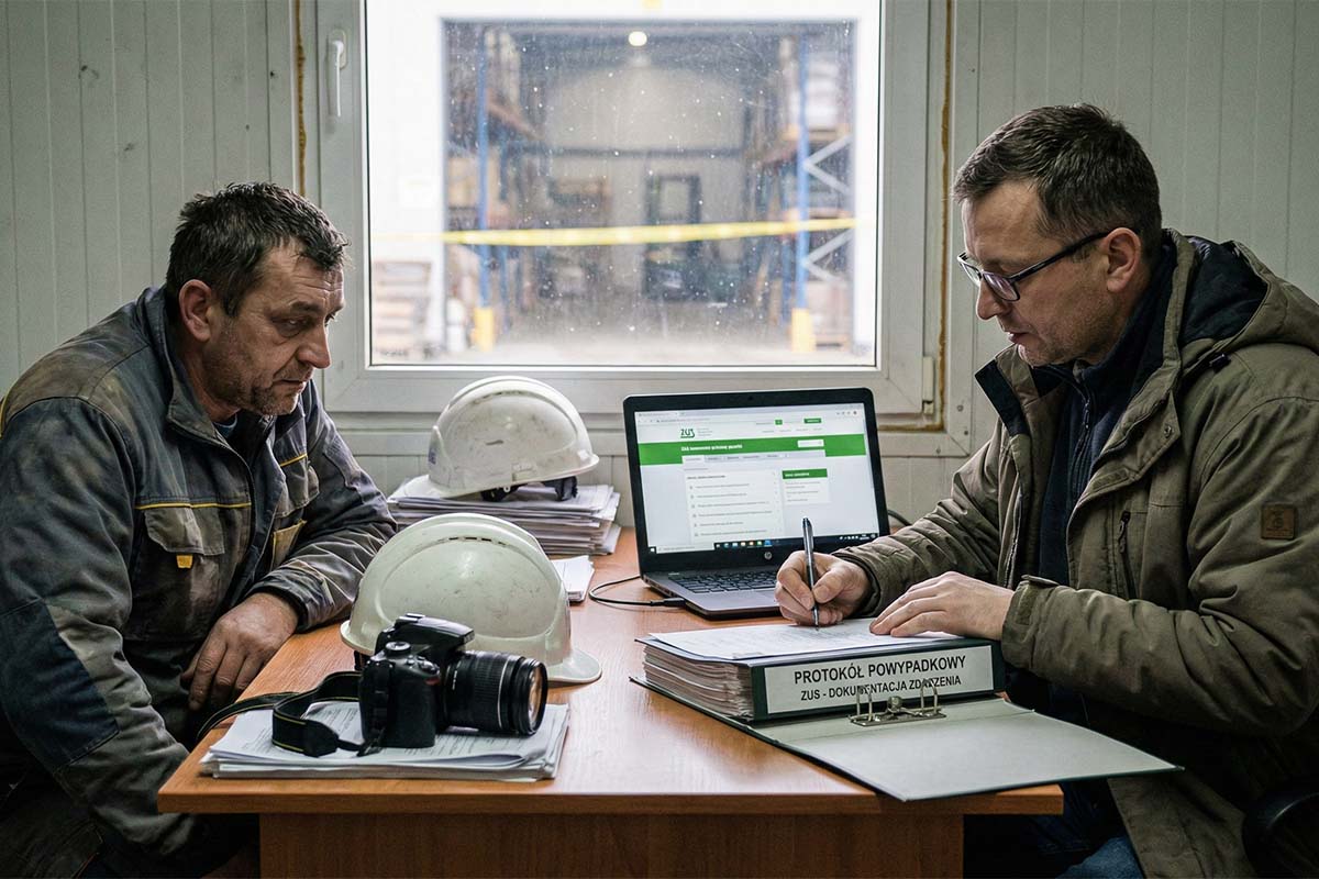 Sporządzanie dokumentacji powypadkowej w biurze. Inspektor BHP wypełnia segregator "PROTOKÓŁ POWYPADKOWY ZUS" w obecności pracownika.