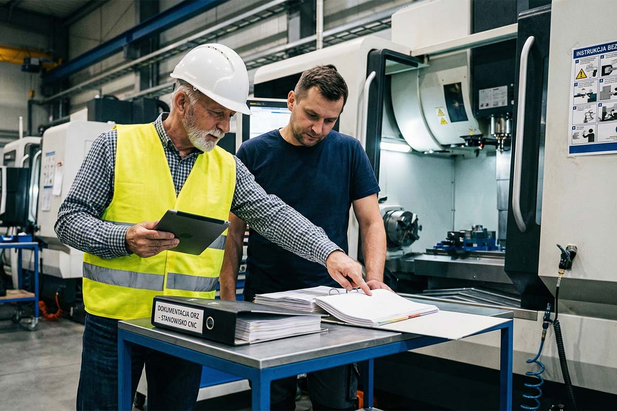 Audytor na hali omawia ocenę ryzyka przy segregatorze z napisem "DOKUMENTACJA ORZ - STANOWISKO CNC". W tle wiszą instrukcje bezpieczeństwa.