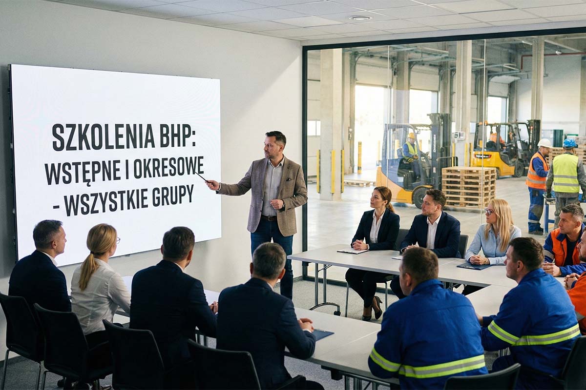 Szkolenie BHP dla grup mieszanych (pracownicy biurowi i fizyczni). Na ekranie napis: "SZKOLENIA BHP: WSTĘPNE I OKRESOWE - WSZYSTKIE GRUPY"