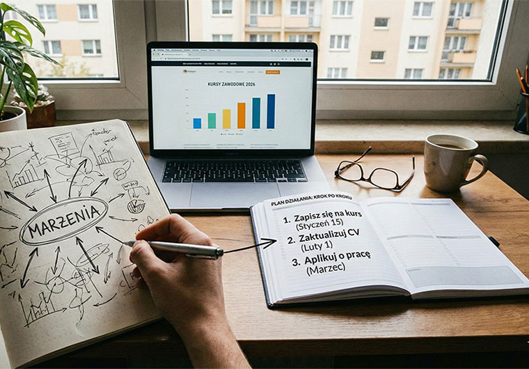 Widok z góry na biurko: dłoń łączy linią brudnopis z napisem "Marzenia" z czytelnym planerem "Plan działania". Na ekranie laptopa widać ofertę kursów zawodowych.