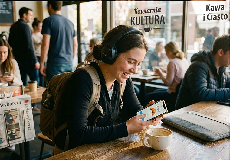 Młoda kobieta w słuchawkach wygłuszających korzysta z aplikacji edukacyjnej na smartfonie, siedząc przy uporządkowanym stoliku w jasnej kawiarni.