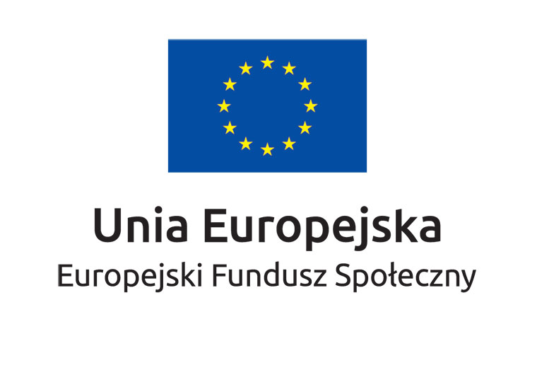 Znak graficzny Unii Europejskiej: flaga UE z napisem Unia Europejska, Europejski Fundusz Społeczny.