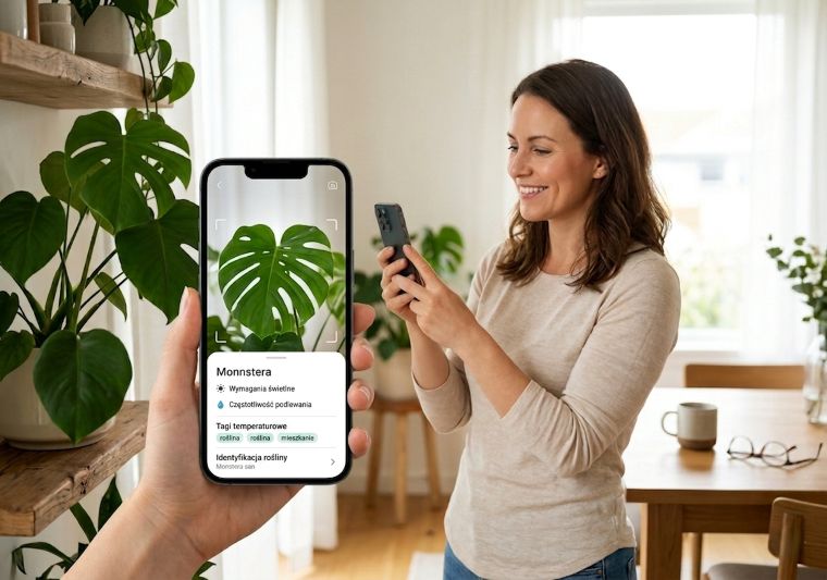 Uśmiechnięta kobieta w jasnym salonie skanuje liść monstery smartfonem z aplikacją do rozpoznawania roślin.
