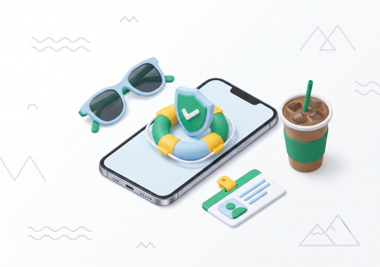 Nowoczesna ilustracja 3D przedstawiająca smartfon z kołem ratunkowym i tarczą ochronną, symbolizująca cyfrowe bezpieczeństwo na wakacjach