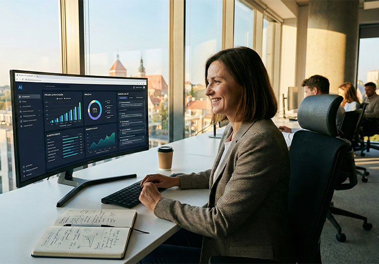 Fotografia uśmiechniętej managerki w jasnym biurze, która korzysta z przejrzystego oprogramowania AI na monitorze komputera. Obraz ilustruje, jak nowoczesne narzędzia automatyzują nudne zadania i pozwalają zyskać czas na kreatywną pracę.