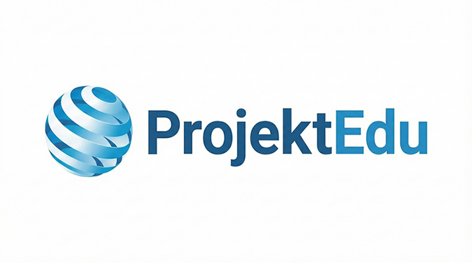 Logo marki ProjektEdu: po lewej stronie stylizowana, niebieska kula wykonana z wirujących wstęg, po prawej stronie granatowo-niebieski napis "ProjektEdu" bezszeryfową czcionką. Całość na białym tle.