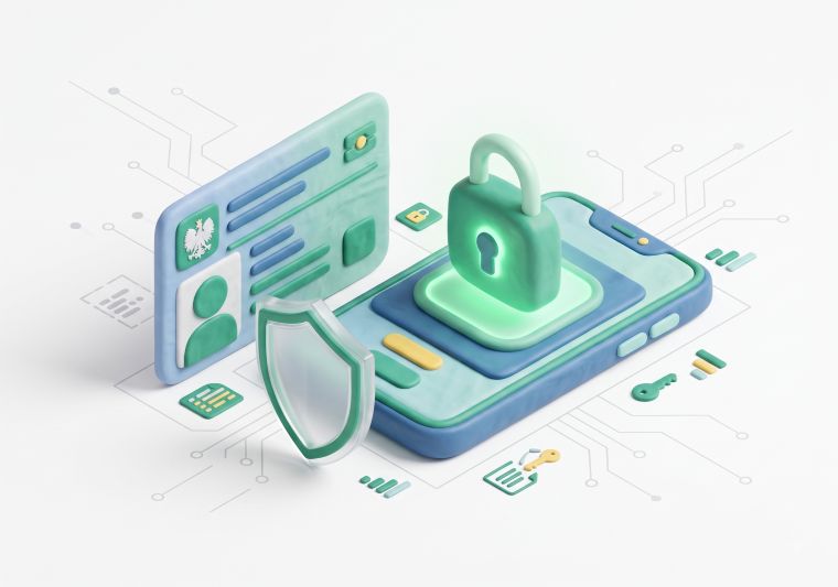 Ilustracja 3D przedstawiająca cyfrowe zastrzeżenie PESEL w aplikacji mObywatel oraz kłódkę bezpieczeństwa na smartfonie